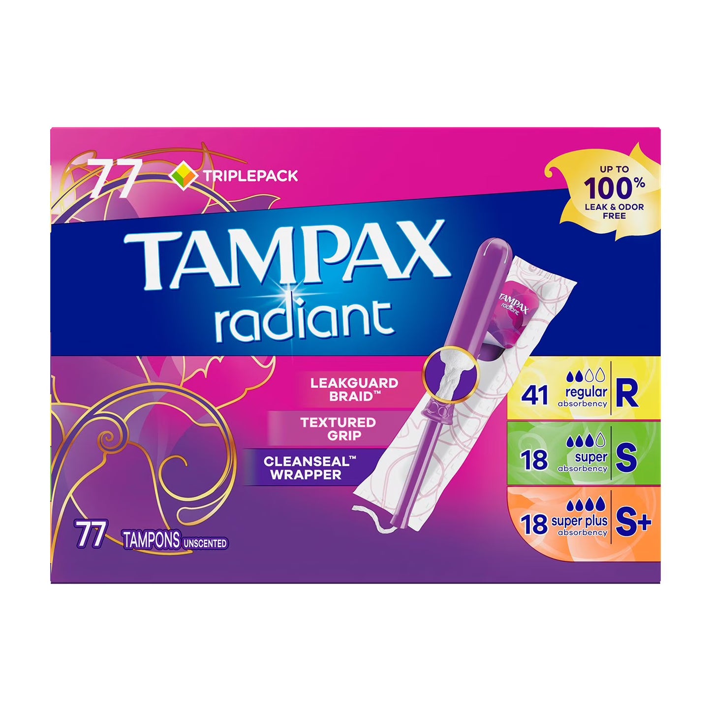 Paquete de tres tampones Tampax Radiant,77 unidades
