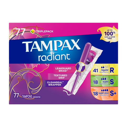 Paquete de tres tampones Tampax Radiant,77 unidades