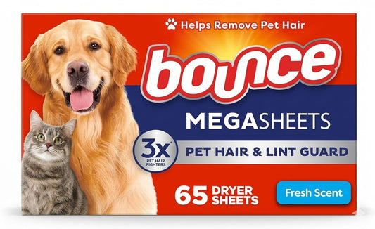 Bounce Hojas para Secadora Mega Guard de Pelo de Mascotas y Pelusa con 3X Combatientes de Pelo de Mascotas, Aroma Fresco, 65 Unidades