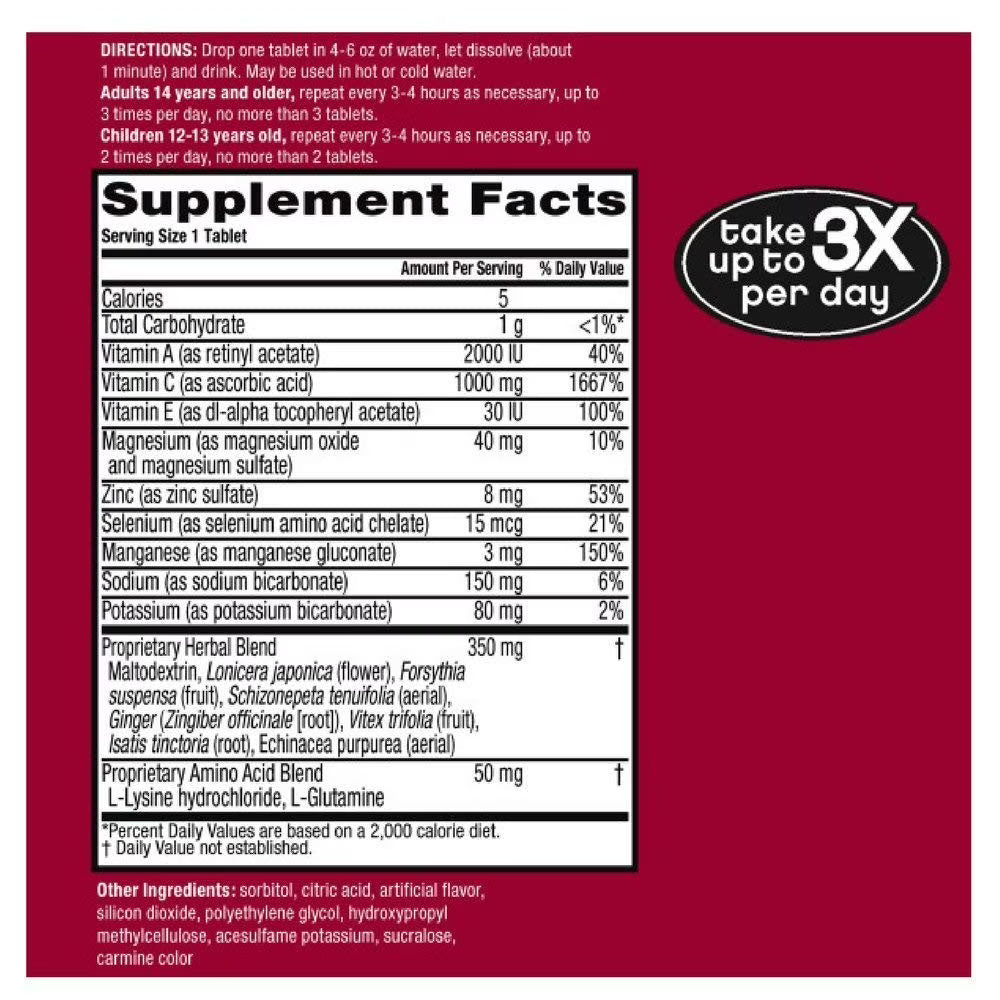 Airborne vitamina C con zinc 1000 mg , 10 comprimidos efervescentes con sabor a frutos rojos.