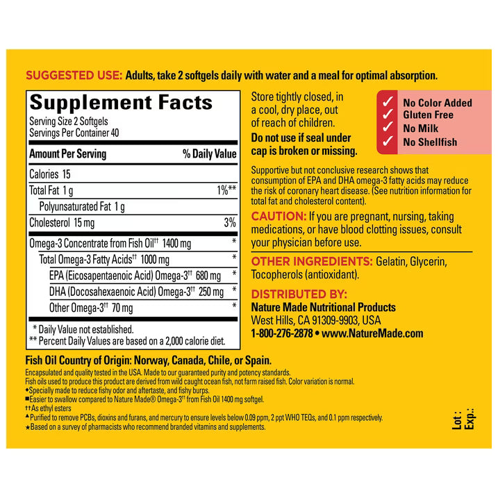 Nature Made, Burp-Less Omega-3  Extra Strength  1400 mg, cápsulas blandas tamaño mini, 80 unidades.