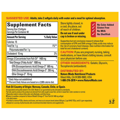 Nature Made, Burp-Less Omega-3  Extra Strength  1400 mg, cápsulas blandas tamaño mini, 80 unidades.