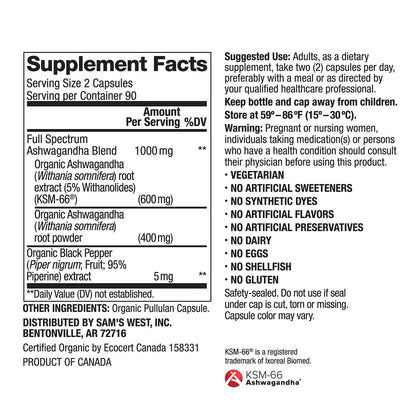 Members Mark - Ashwagandha Organic 1000mg, 180 capsulas