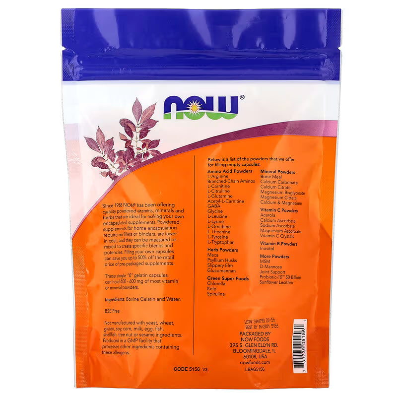 NOW Foods, Cápsulas de gelatina individuales "0", Aprox. 250 cápsulas vacías, 24 g