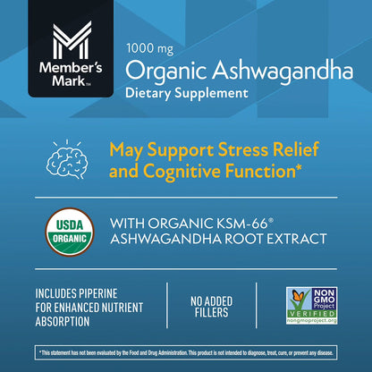 Members Mark - Ashwagandha Organic 1000mg, 180 capsulas