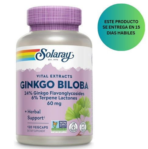 SOLARAY Extracto de hoja de ginkgo biloba de potencia garantizada, tapa vegetal (Btl-plástico) 60mg | 120ct