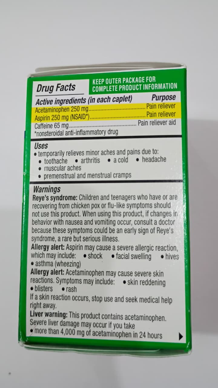 Equate Cápsulas de Acetaminofén, Aspirina y Cafeína para Aliviar el Dolor de Cabeza Extra Fuertes, 24 Unidades