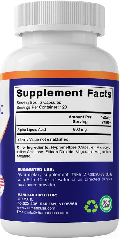 VITAMATIC, Alpha lipoic acid 600mg 240 cápsulas, 120 porciones, sin OMG y sin gluten