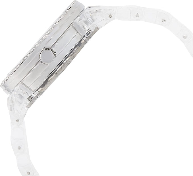 XOXO Reloj de moda para mujer con detalles de bisel de cristal y pulsera de resina transparente