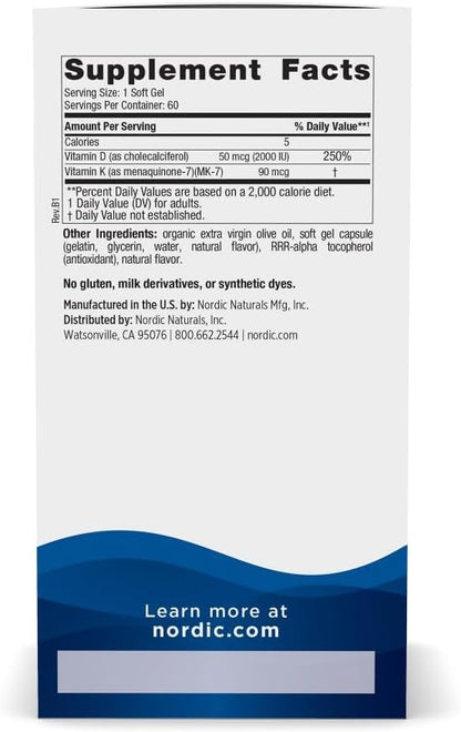 Nordic Naturals Vitamina D3 + K2, sabor a naranja, 60 Softgels