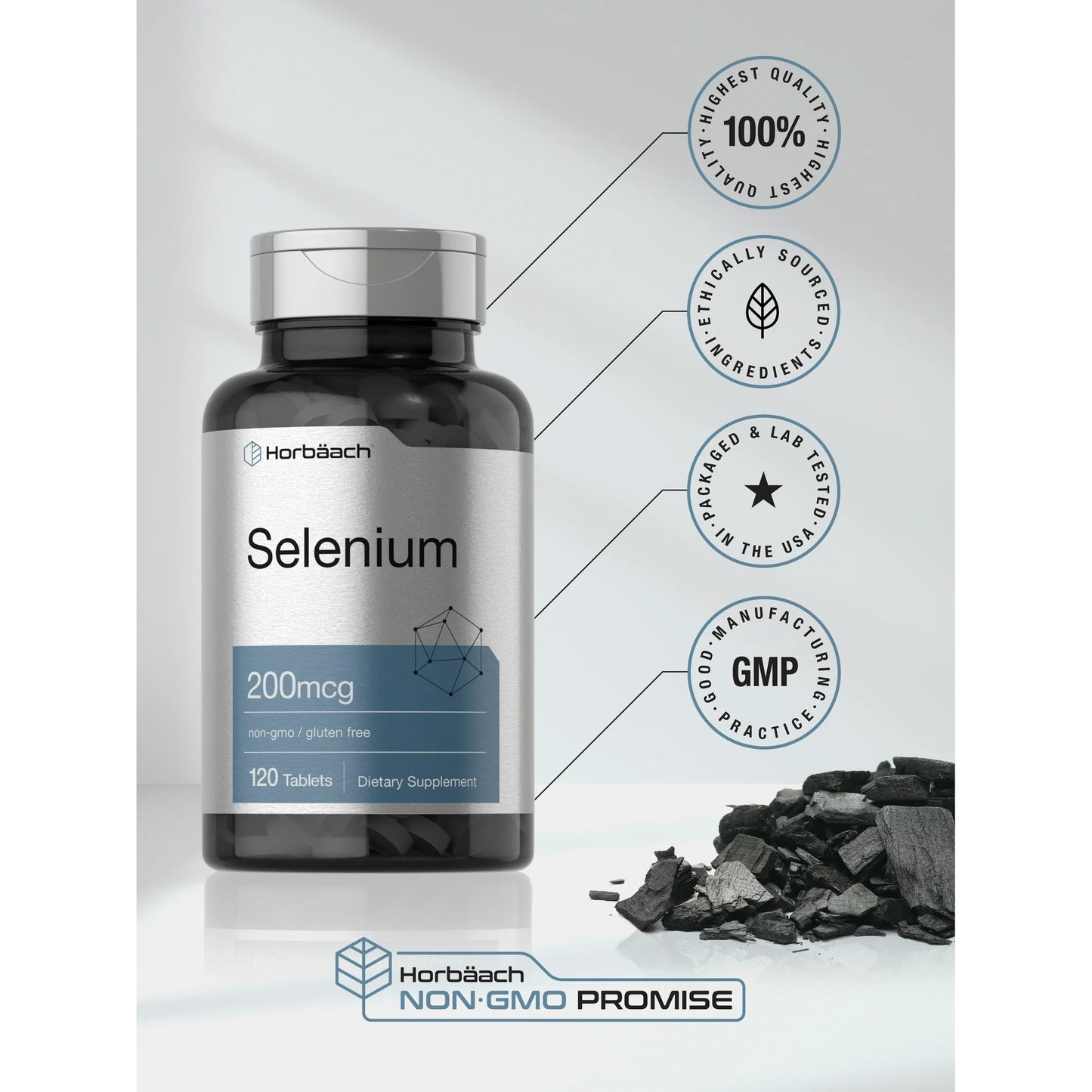 Horbäach Suplemento de selenio de 200 mcg para mujeres y hombres | 120 tabletas | Sin OMG y sin gluten