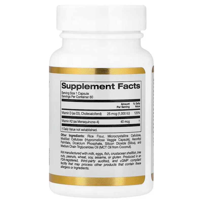 California Gold Nutrition - Vitamina D3 + K2, 60 capsulas veggie