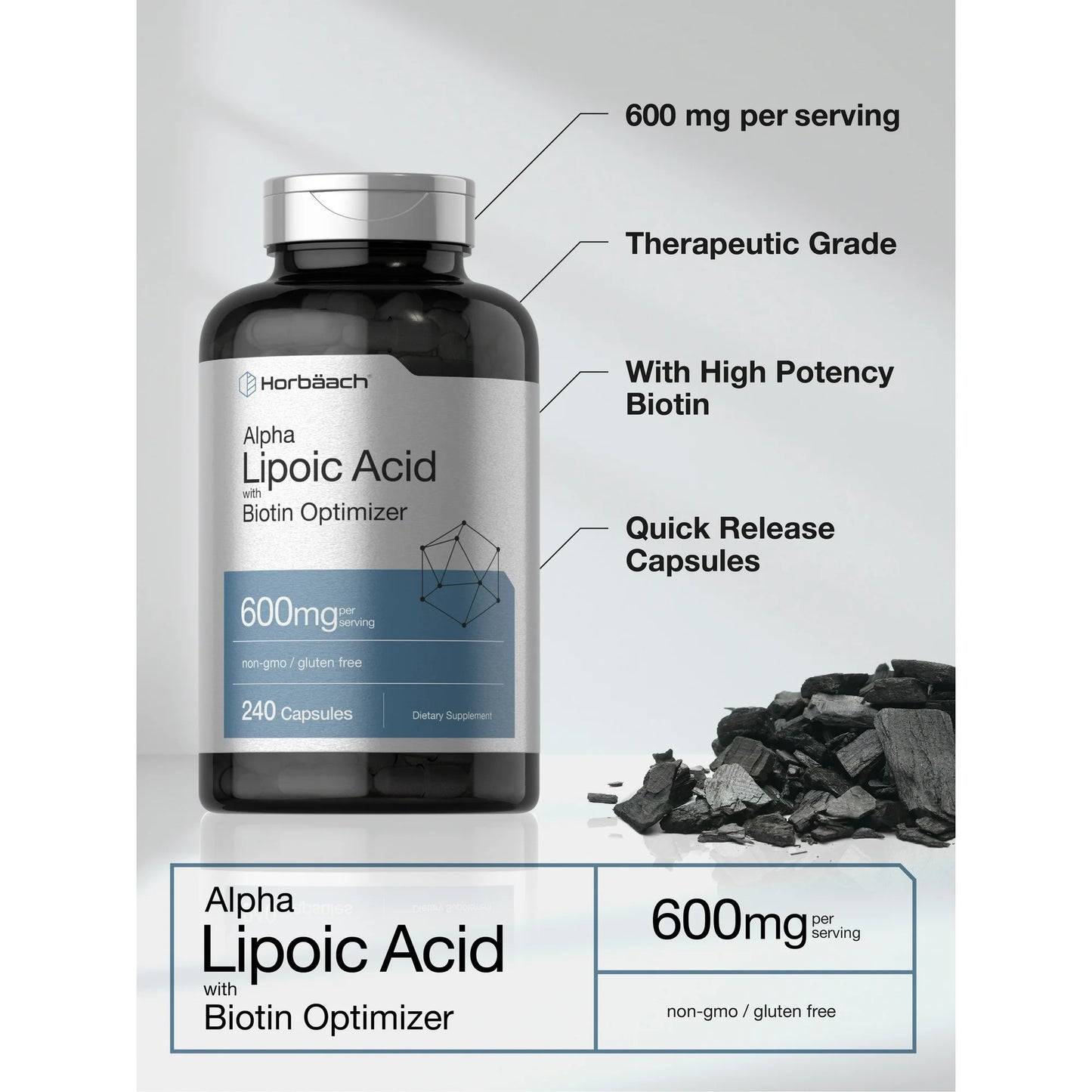 Horbäach Ácido alfa lipoico de 600 mg | 240 cápsulas | con optimizador de biotina | Suplemento sin OMG y sin gluten