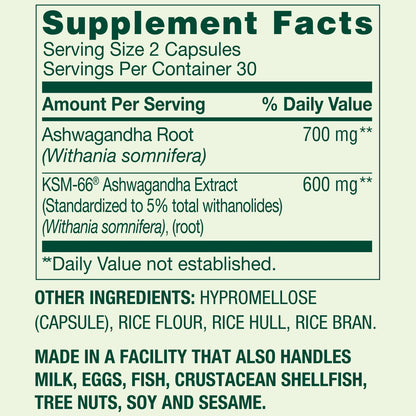 Ashwagandha 1300mg extra fuerte, 60 capsulas- Spring Valley