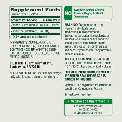 Spring Valley -  Vitamina D3(125mcg) + K2(100mcg), 120 capsulas
