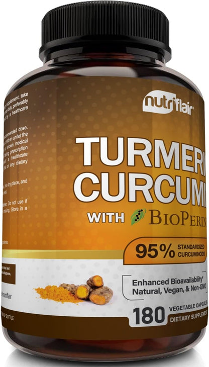 NutriFlair Turmeric Curcuma con Ginger y BioPerine Black Pepper  180 Capsules - 95% Curcuminoides
