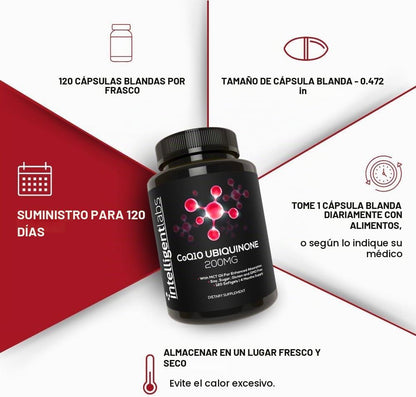Intelligent Labs CoQ10 Ubiquinona 200mg con aceite MCT, apoyo para la salud cardíaca, 120 Softgels.