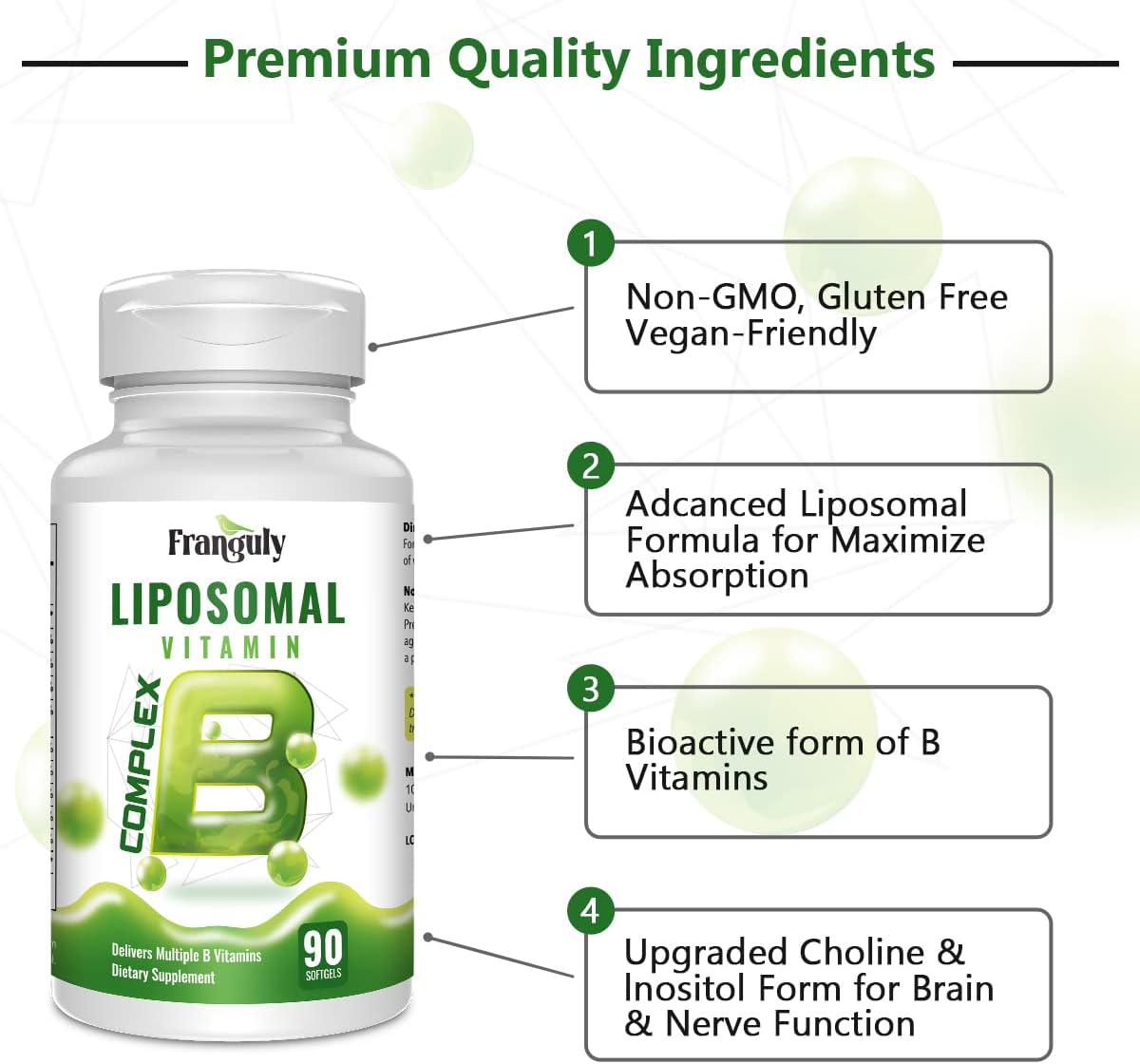 FRANGULY Vitaminas B activas del complejo B liposomal con colina e inositol, 90 cápsulas blandas de alta potencia B1, B2, B3, B5, B6, biotina, folato, B12 metilado, suplementos inmunológicos, energéticos, cerebrales y cardíacos