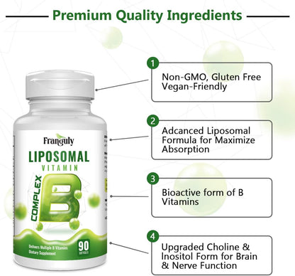 FRANGULY Vitaminas B activas del complejo B liposomal con colina e inositol, 90 cápsulas blandas de alta potencia B1, B2, B3, B5, B6, biotina, folato, B12 metilado, suplementos inmunológicos, energéticos, cerebrales y cardíacos