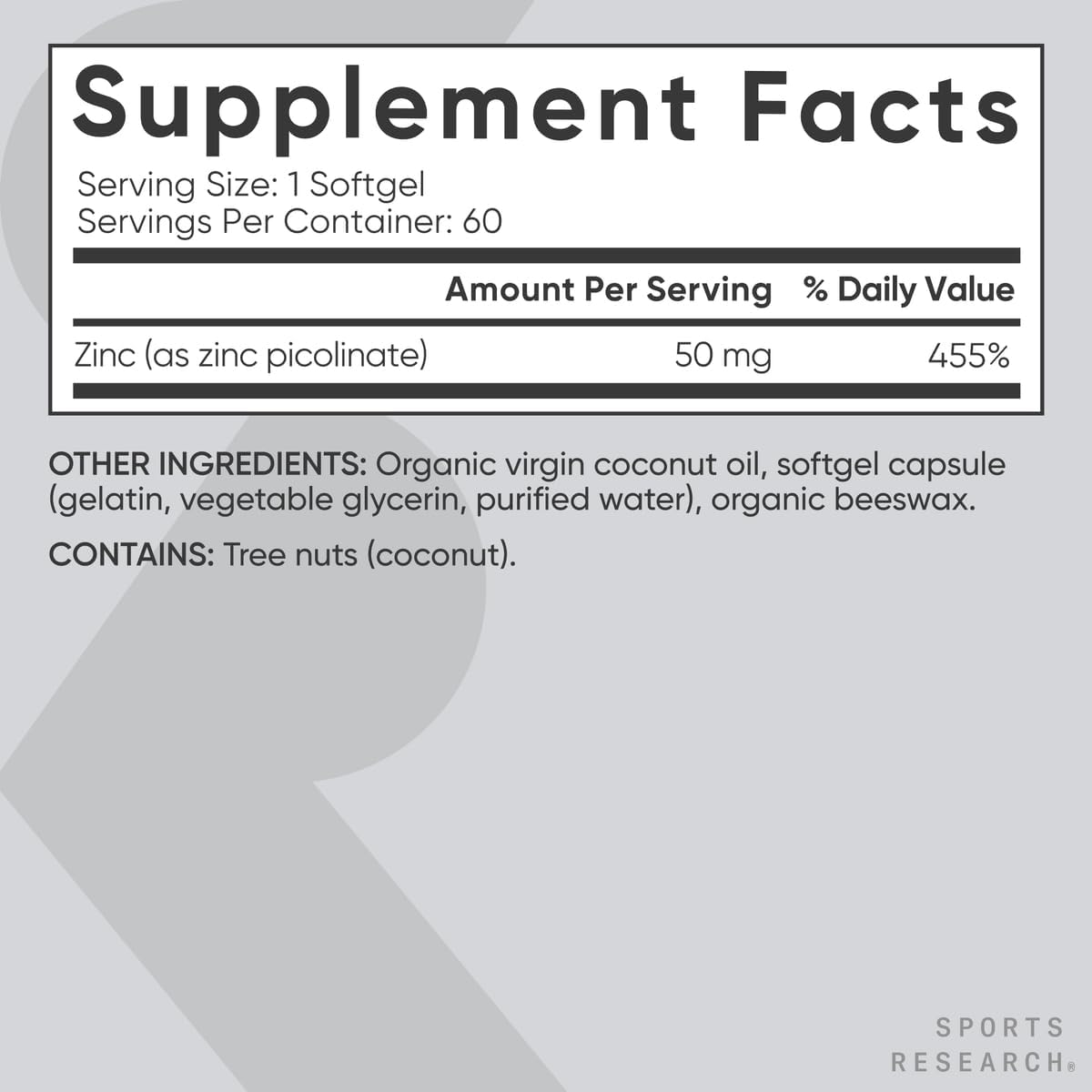 Sport Research, Picolinato de zinc de 50 mg con aceite de coco orgánico, 60 softgels