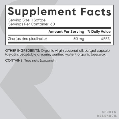 Sport Research, Picolinato de zinc de 50 mg con aceite de coco orgánico, 60 softgels