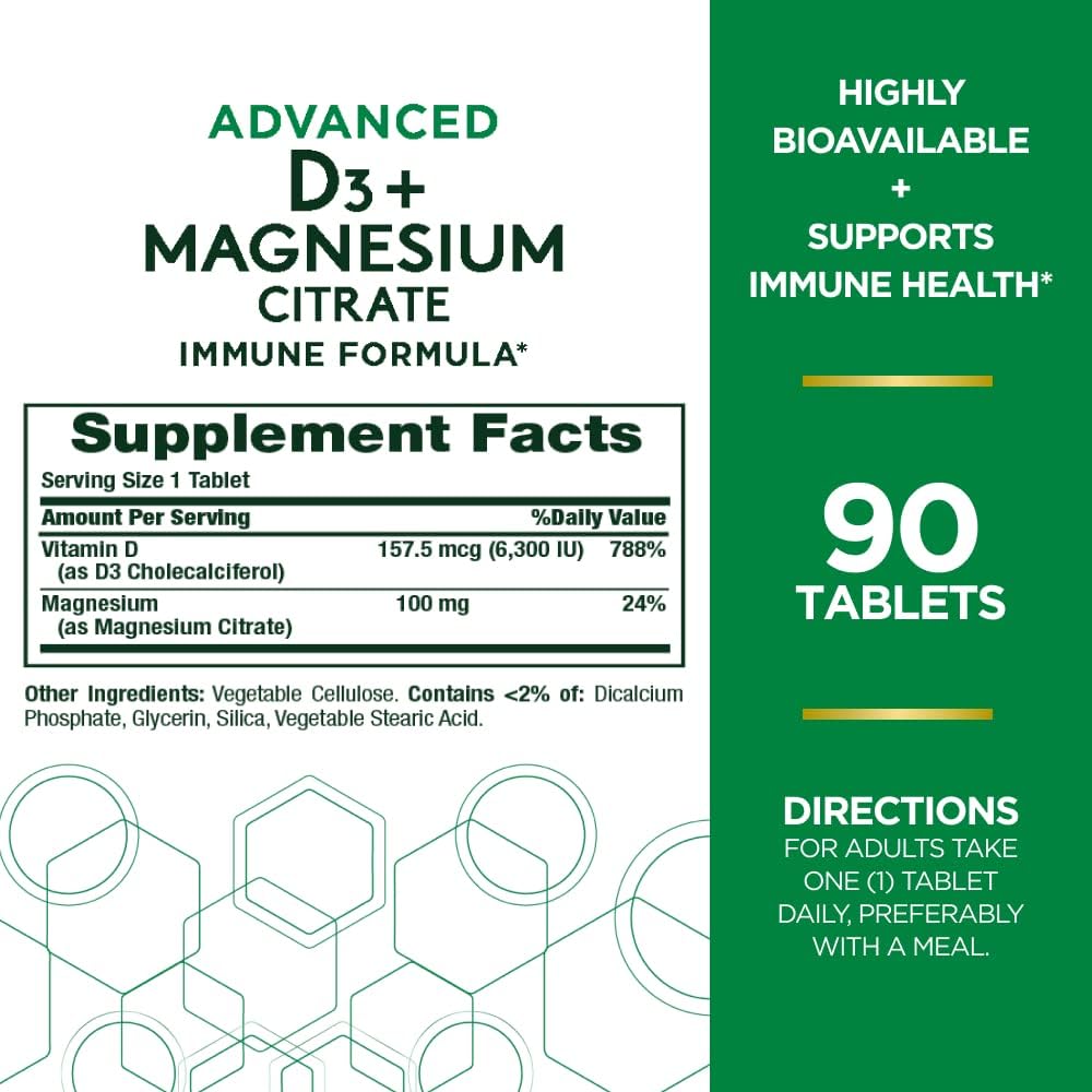 Nature's Bounty Advanced D3 + fórmula inmune de citrato de magnesio,90 Tabletas