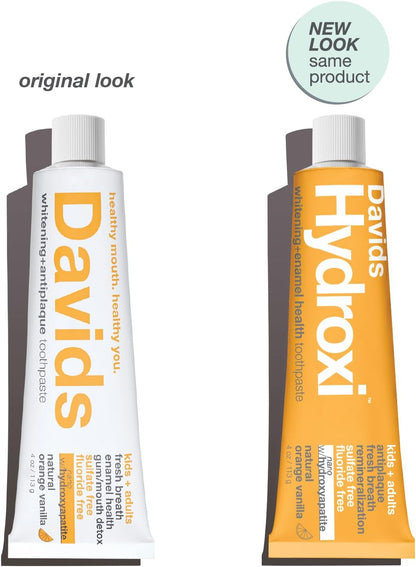 Davids Hydroxi - Pasta de dientes nano hidroxiapatita sin flúor para esmalte saludable y blanqueamiento, antiplaca, sin SLS, sabor a vainilla naranja apta para niños, 113gr