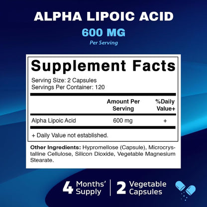 VITAMATIC, Alpha lipoic acid 600mg 240 cápsulas, 120 porciones, sin OMG y sin gluten