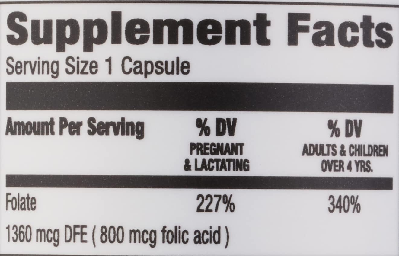 Amazon Elements Ácido fólico 800 mcg por porción, tableta, 180 unidades