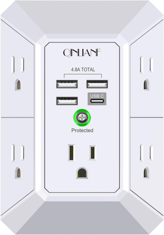 QINLIANF - Cargador de pared, protector de sobretensiones, extensor de 5 tomas de corriente con 4 puertos de carga USB (4.8 A en total) de 3 lados 1680J