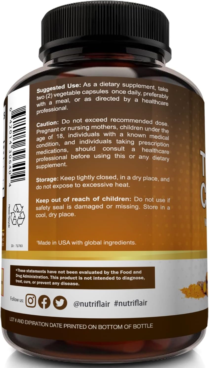 NutriFlair Turmeric Curcuma con Ginger y BioPerine Black Pepper  180 Capsules - 95% Curcuminoides