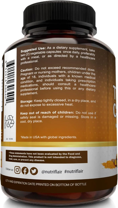 NutriFlair Turmeric Curcuma con Ginger y BioPerine Black Pepper  180 Capsules - 95% Curcuminoides