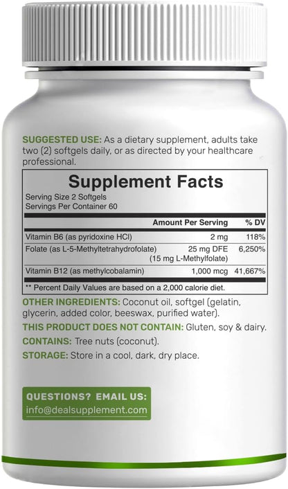 Deal Supplement - L- Methylfolate, 5- MTHF 15mg con B6& Methylated B12 / cococnut oil, 120 capsulas