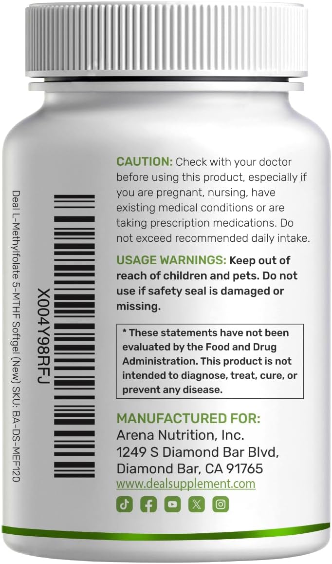 Deal Supplement - L- Methylfolate, 5- MTHF 15mg con B6& Methylated B12 / cococnut oil, 120 capsulas
