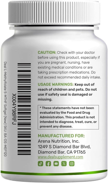 Deal Supplement - L- Methylfolate, 5- MTHF 15mg con B6& Methylated B12 / cococnut oil, 120 capsulas