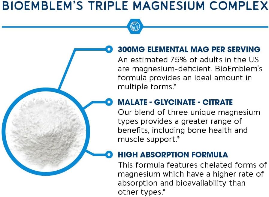 BioEmblem Complejo de Magnesio Triple, 300 mg de Glicinato de Magnesio, Malato y Citrato alta absorción, vegano, sin OMG, 90 cápsulas