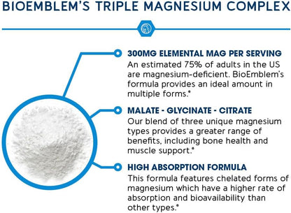 BioEmblem Complejo de Magnesio Triple, 300 mg de Glicinato de Magnesio, Malato y Citrato alta absorción, vegano, sin OMG, 90 cápsulas