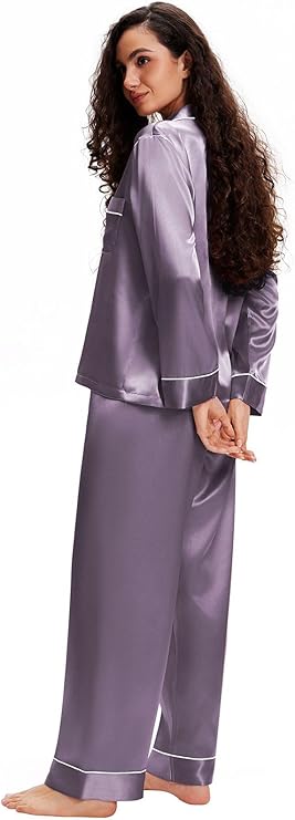 Lonxu Conjunto de pijama de satén de seda para mujer, con botones, ropa de dormir, color gray