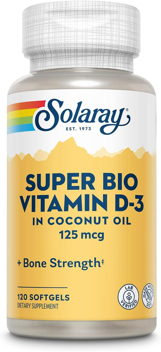 Solaray Super Bio Vitamina D3 en aceite de coco - Vitamina D3 5000 UI - 120 cápsulas blandas