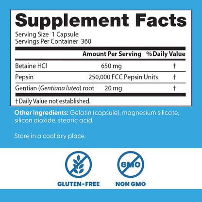 Doctor's Best- Betaine HCI Pepsin & Gentian Bitters,  capsulas