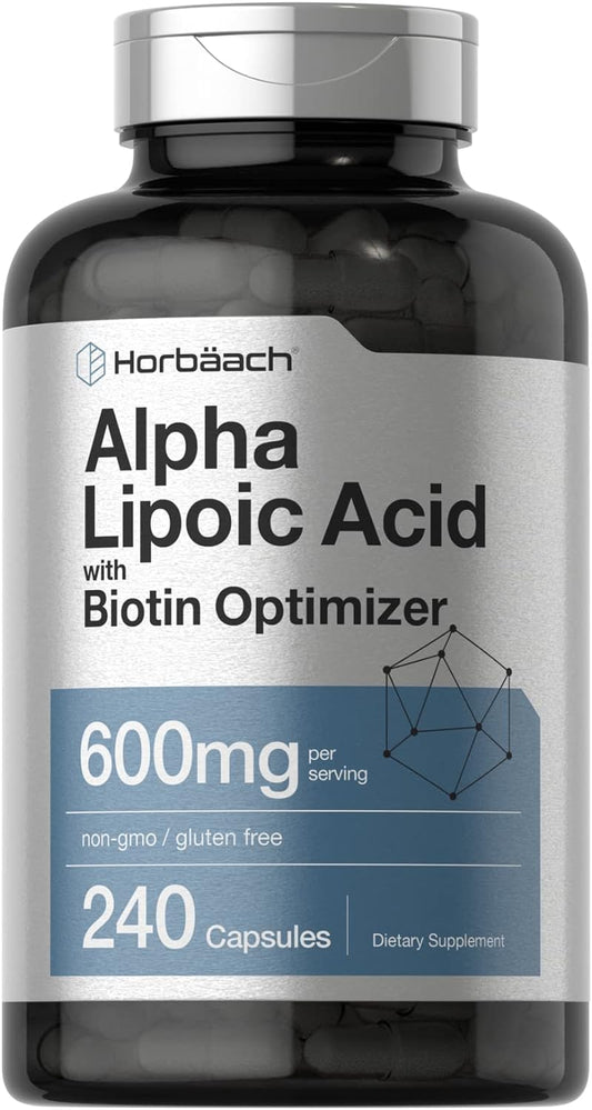 Horbäach Ácido alfa lipoico de 600 mg | 240 cápsulas | con optimizador de biotina | Suplemento sin OMG y sin gluten