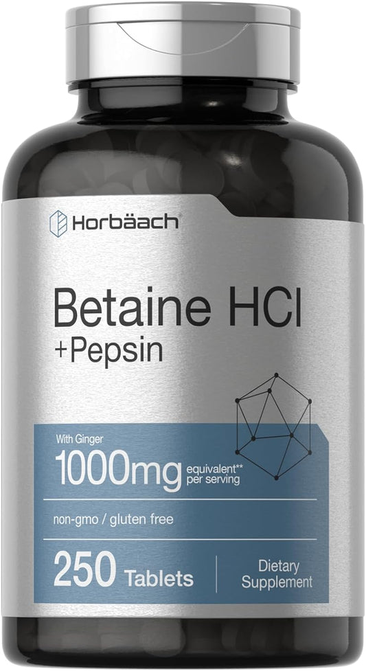 Horbäach Betaína HCl con pepsina | 1000 mg | 250 tabletas | Suplemento de clorhidrato | con raíz de jengibre | Sin OMG, sin gluten
