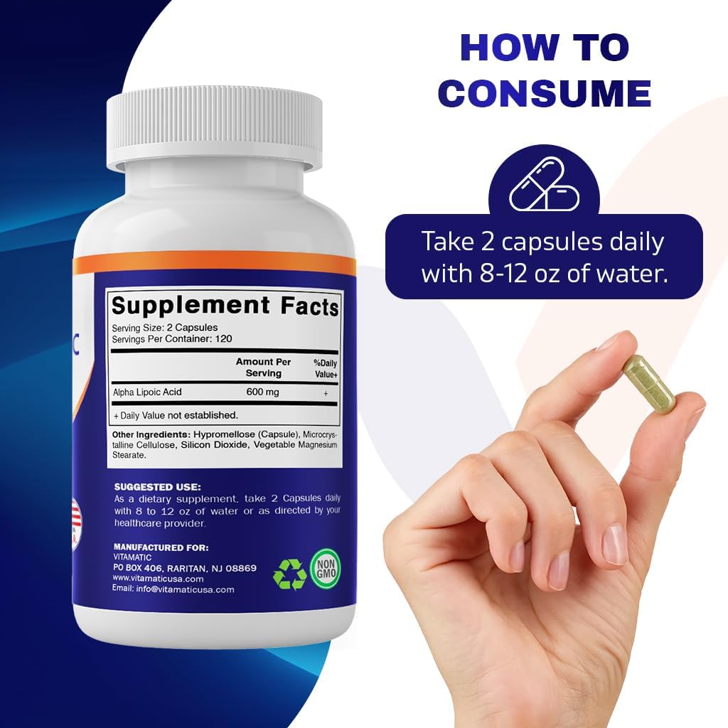 VITAMATIC, Alpha lipoic acid 600mg 240 cápsulas, 120 porciones, sin OMG y sin gluten
