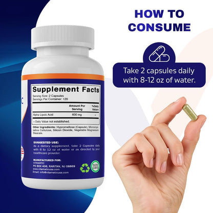 VITAMATIC, Alpha lipoic acid 600mg 240 cápsulas, 120 porciones, sin OMG y sin gluten