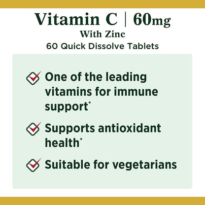 Nature's Bounty Vitamina C con suplemento de zinc, 60 mg, 60 tabletas
