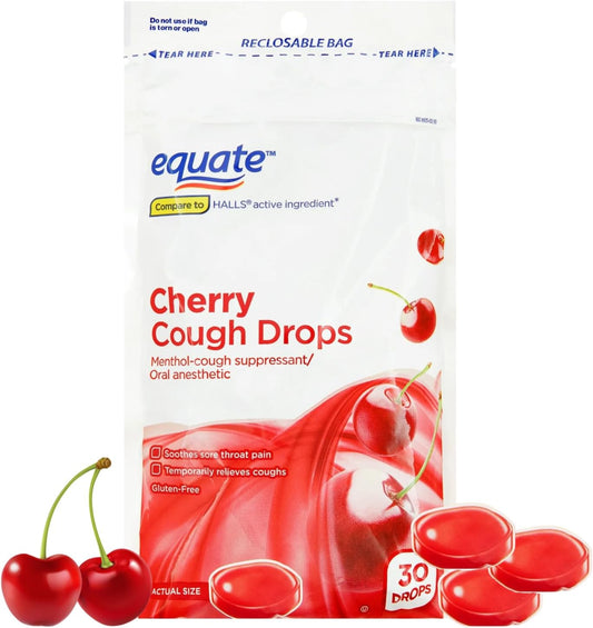 Equate  Caramelos para la tos  - Cherry Alivio del dolor de garganta y tos con mentol, 5.8 mg, 30 unidades