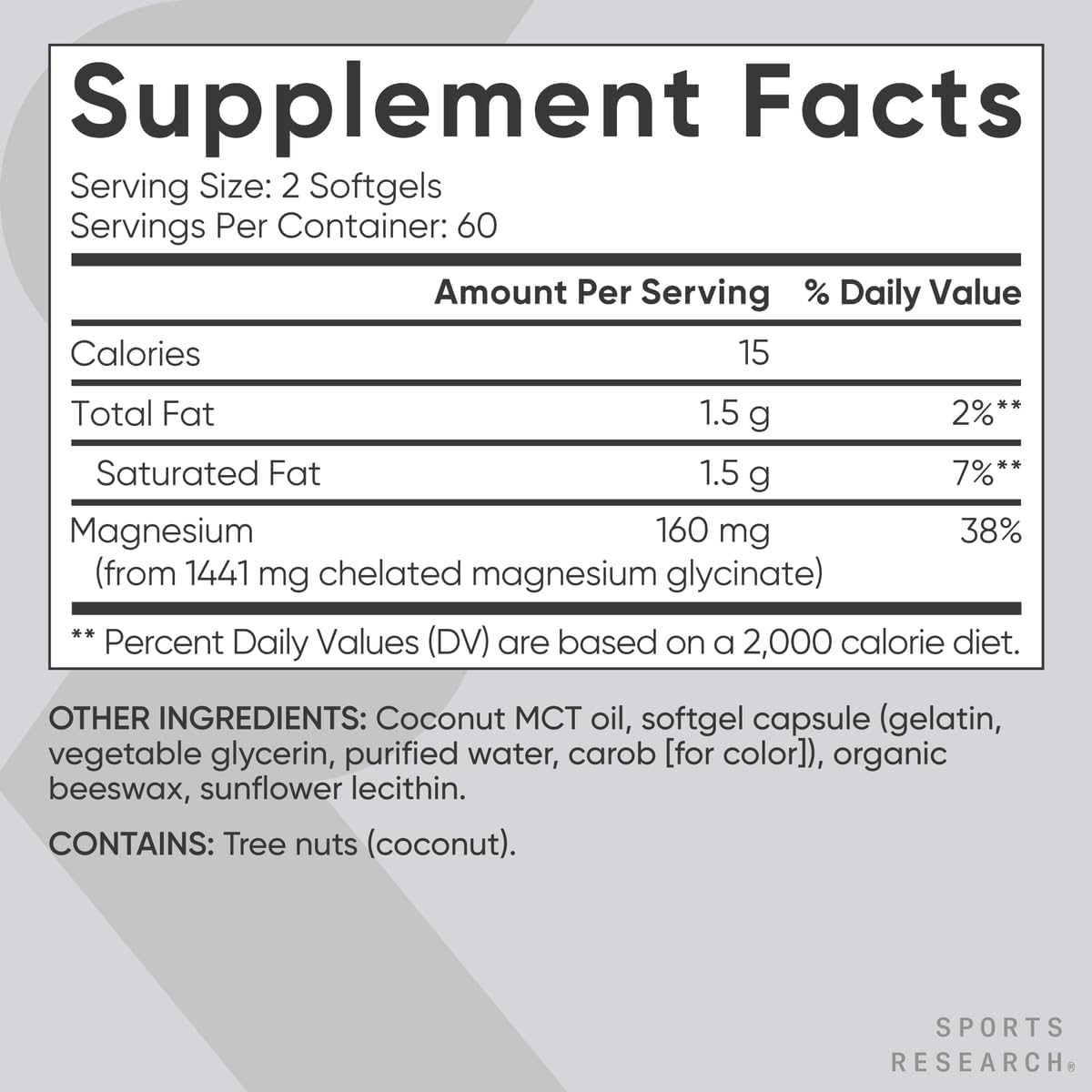 Sports Research® Glicinato de magnesio - 160 mg de magnesio quelatado - 120 Softgels