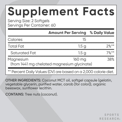 Sports Research® Glicinato de magnesio - 160 mg de magnesio quelatado - 120 Softgels