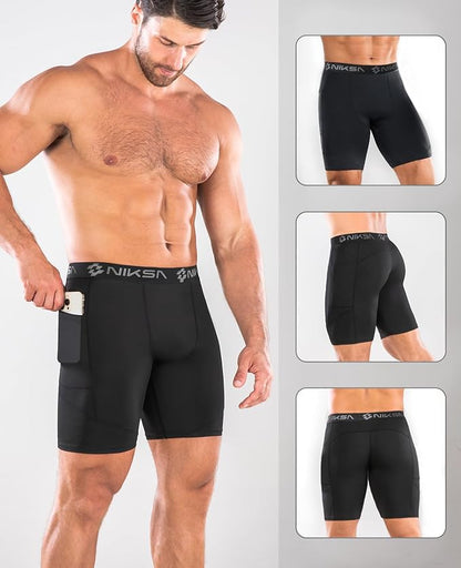 Pantalones cortos de compresión para hombre con bolsillo, para deportes, entrenamiento, correr