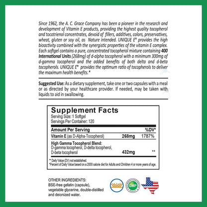 A.C. Grace company-Unique E high gamma mixed tocopherol concentrate, 120 capsulas